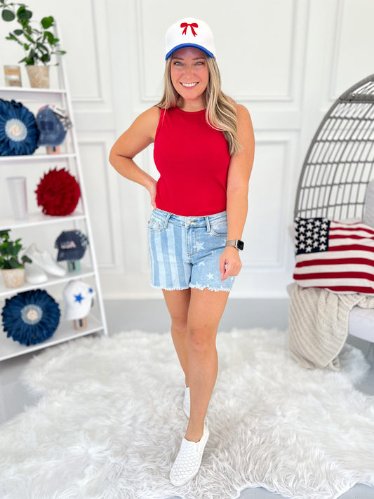 Faded Spirit - Judy Blue Stars & Stripes Frayed Hem Shorts - Final Sale