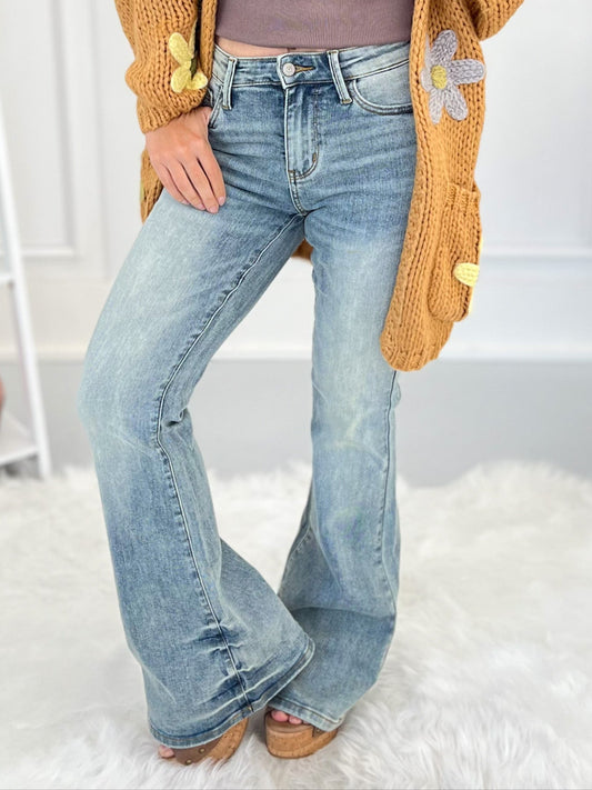 Just The Right Shade - Judy Blue Tinted Pin Tack Detail Flare Jeans