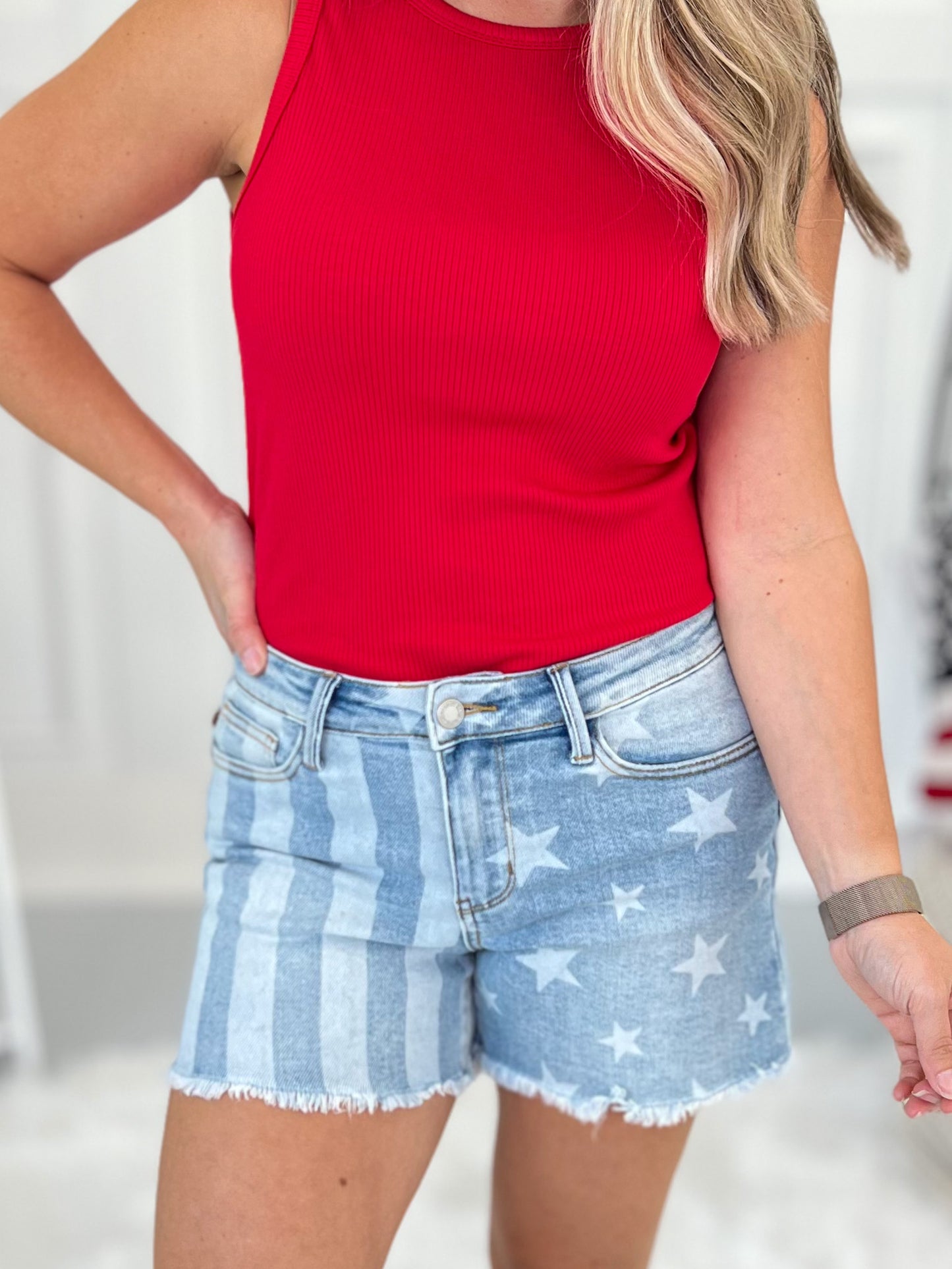 Faded Spirit - Judy Blue Stars & Stripes Frayed Hem Shorts