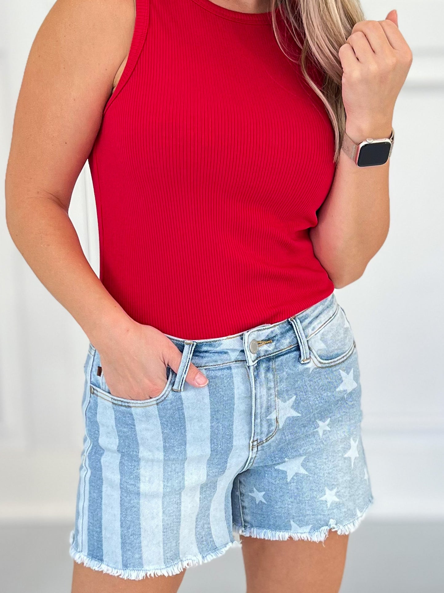Faded Spirit - Judy Blue Stars & Stripes Frayed Hem Shorts