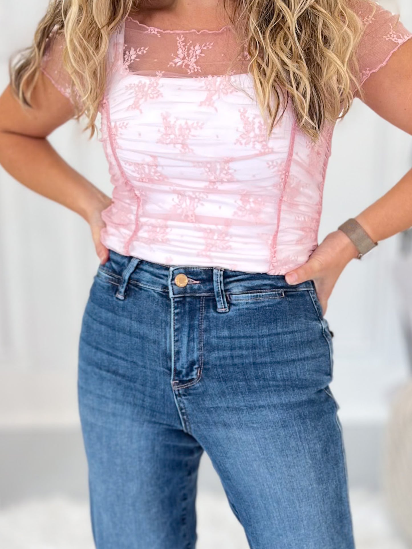 Stitch Perfect - Rose Gold Thread Judy Blue Straight Leg Jeans