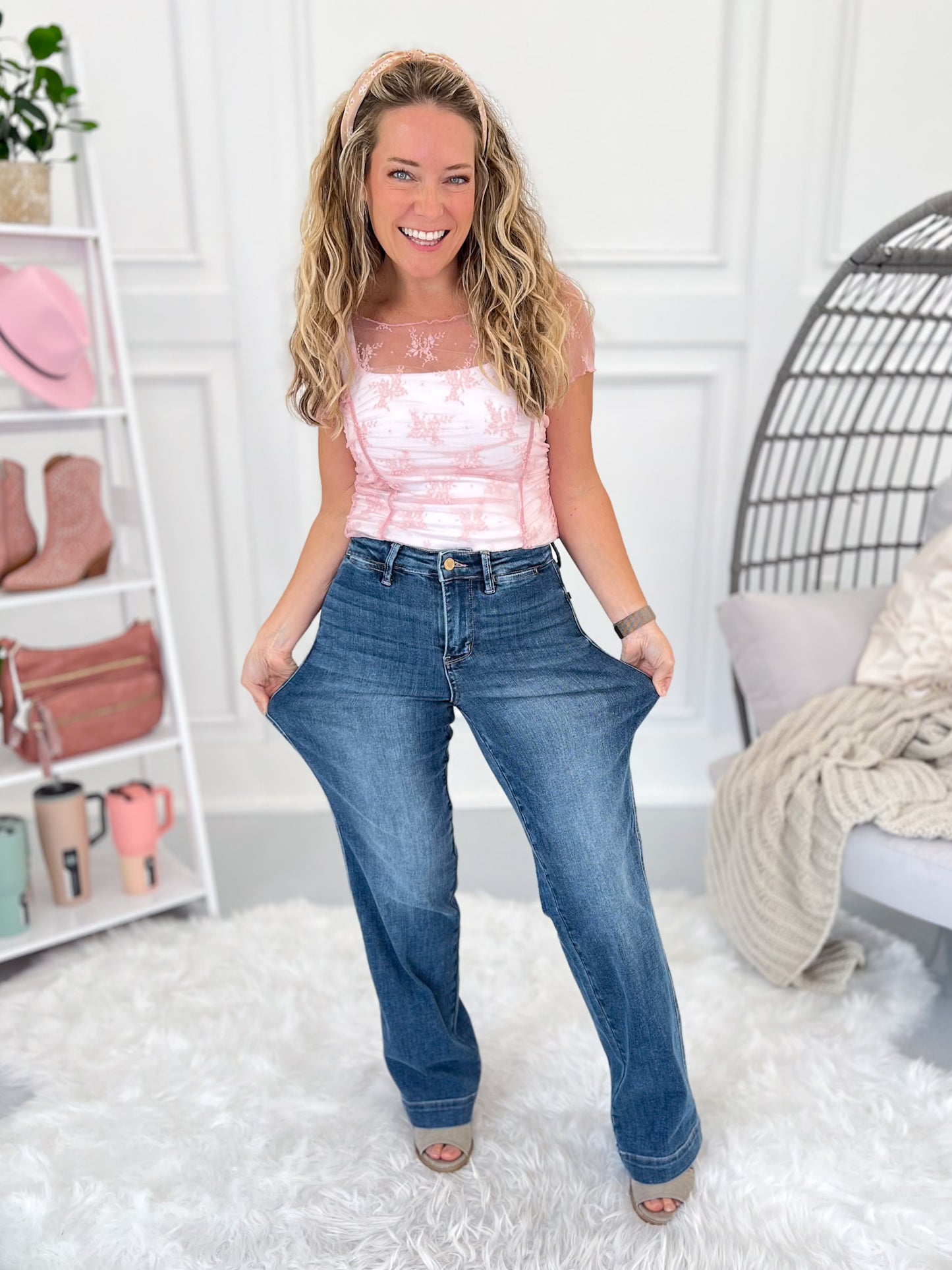 Stitch Perfect - Rose Gold Thread Judy Blue Straight Leg Jeans