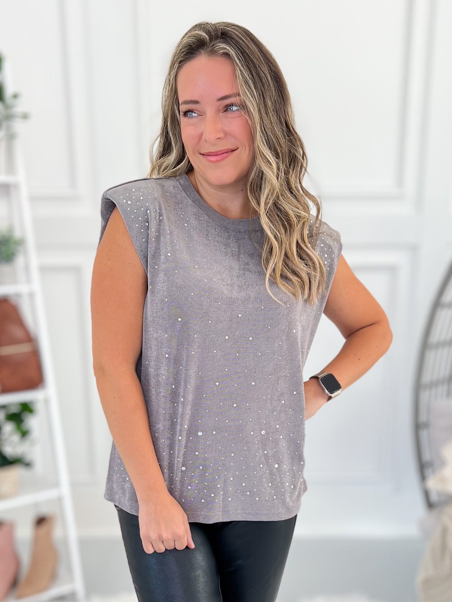 Subtle Shine Shoulder Padded Tank - Grey - Final Sale