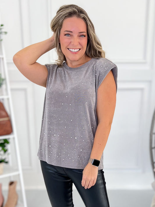 Subtle Shine Shoulder Padded Tank - Grey - Final Sale