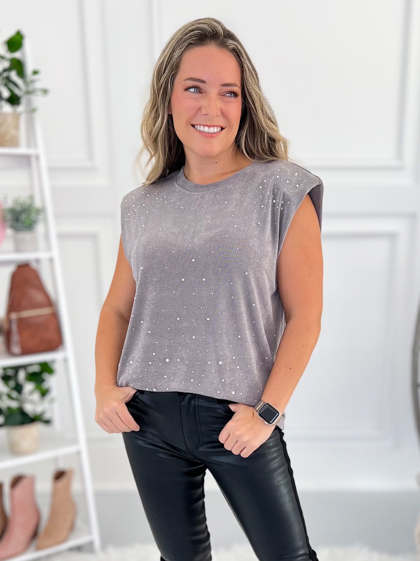 Subtle Shine Shoulder Padded Tank - Grey - Final Sale