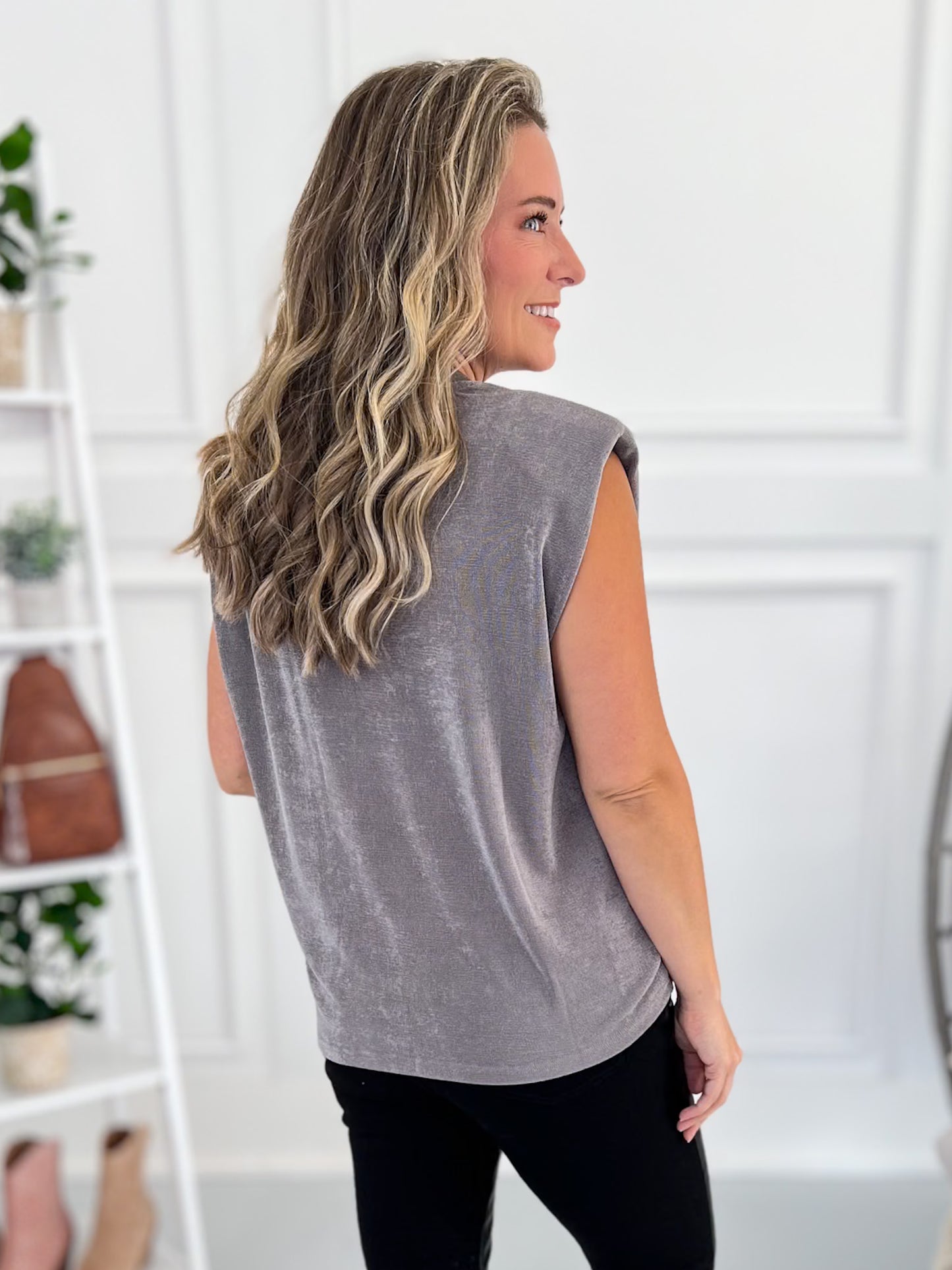 Subtle Shine Shoulder Padded Tank - Grey - Final Sale