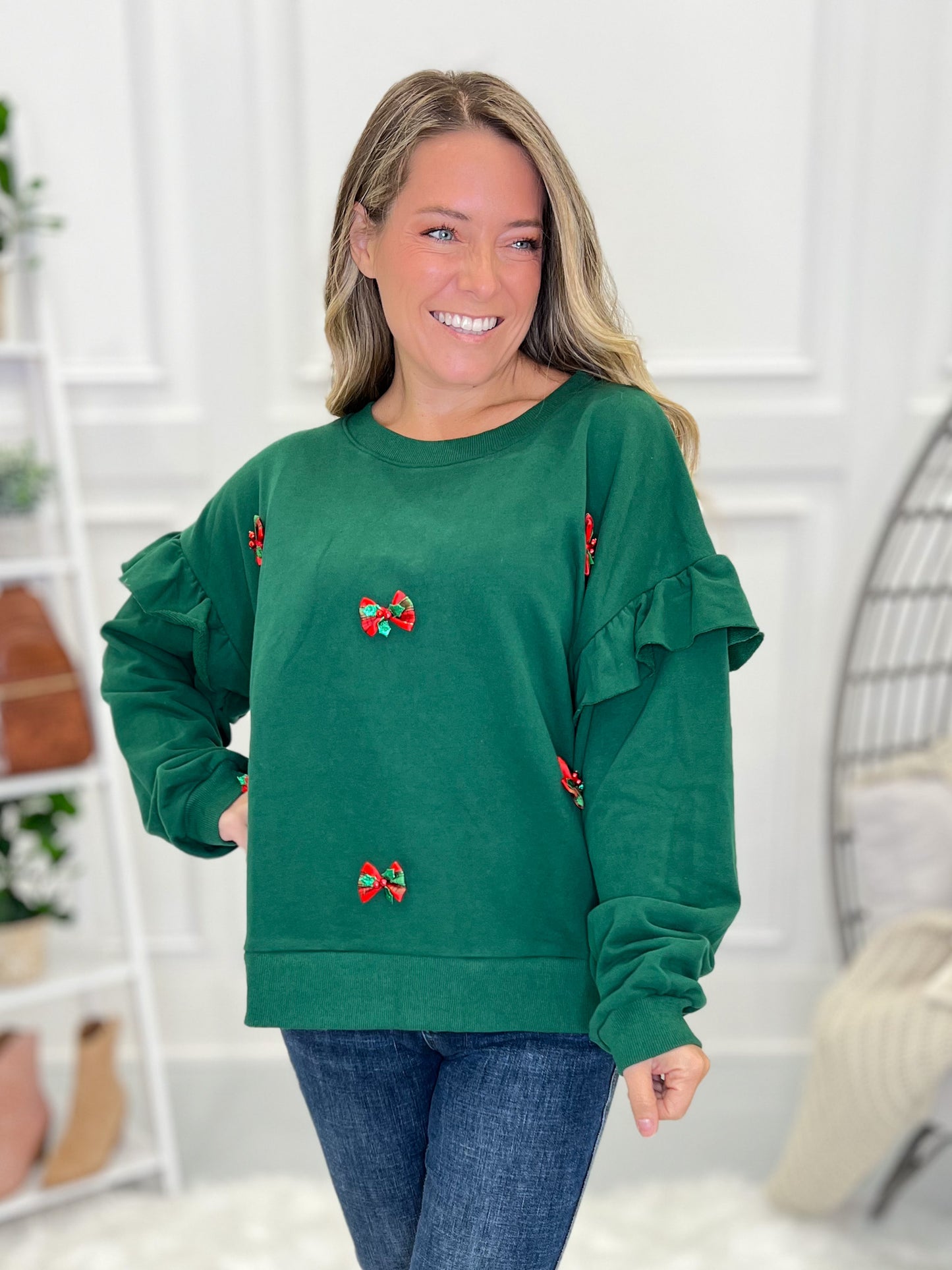 Holiday Bow Ruffle Sleeve Top - Final Sale