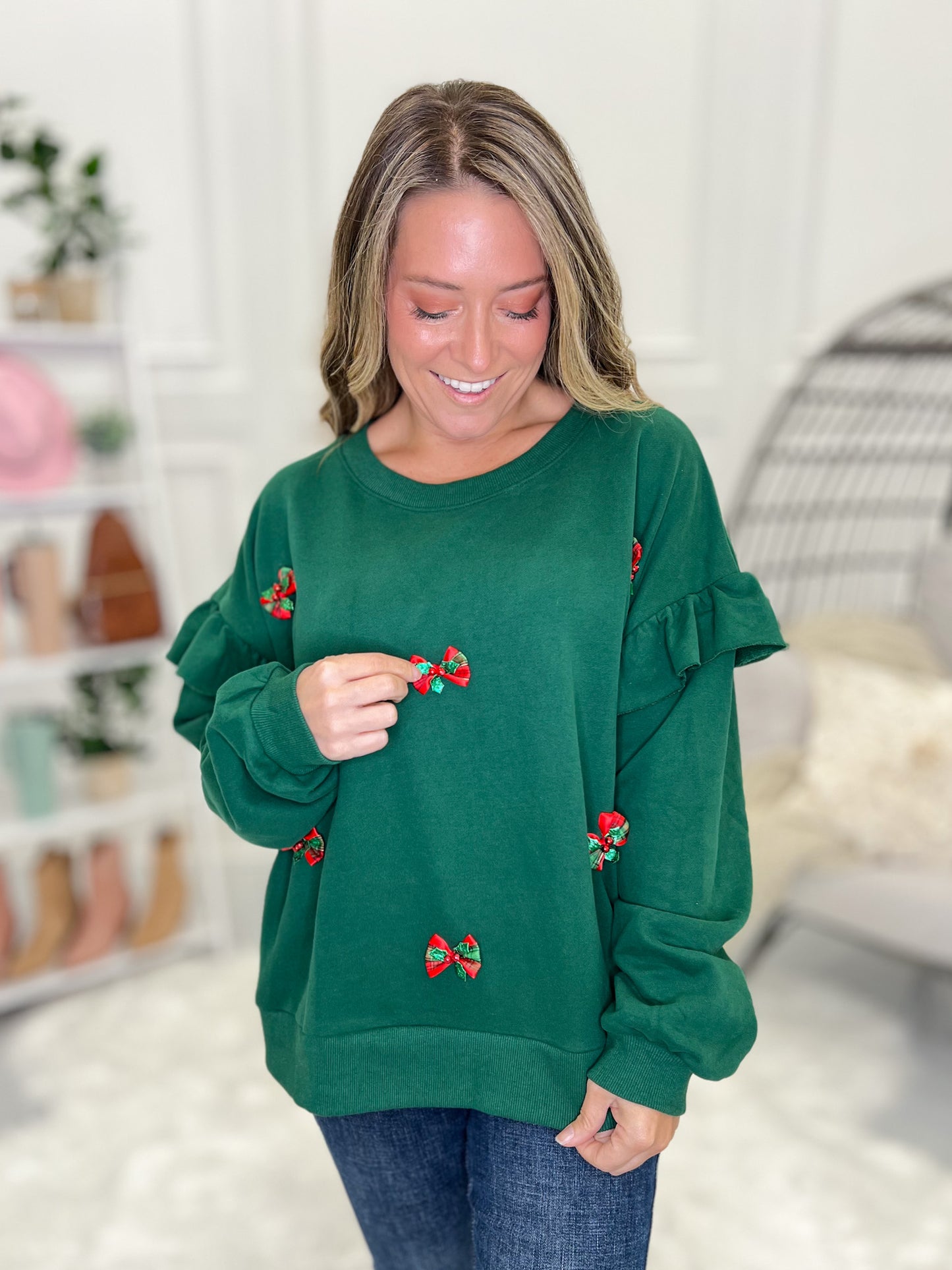 Holiday Bow Ruffle Sleeve Top - Final Sale