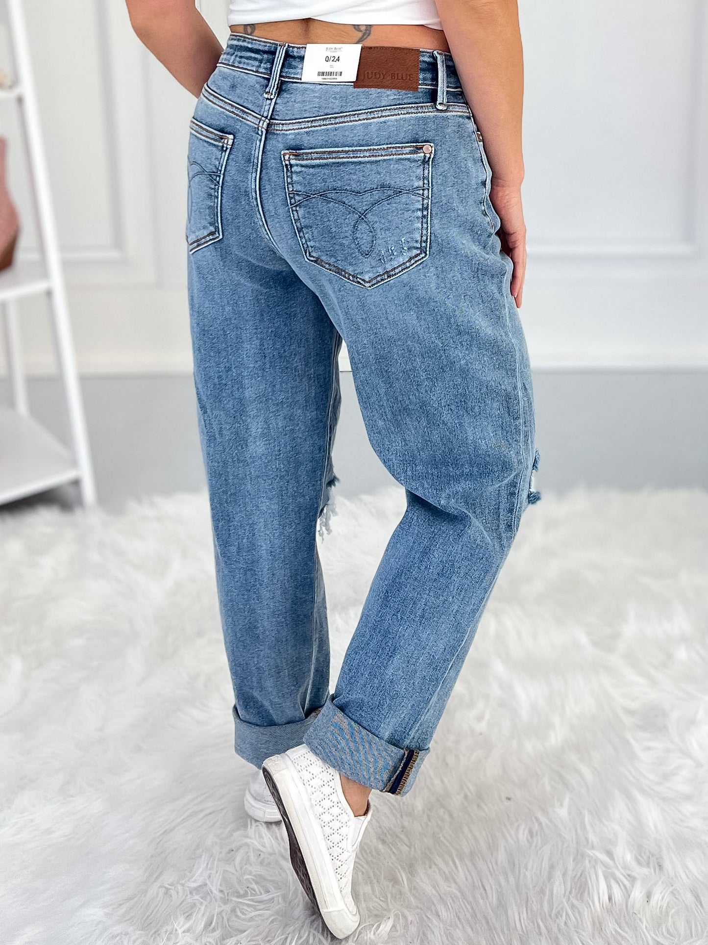 Unbothered Era - Judy Blue Distressed Cuffed Boyfriend Jean