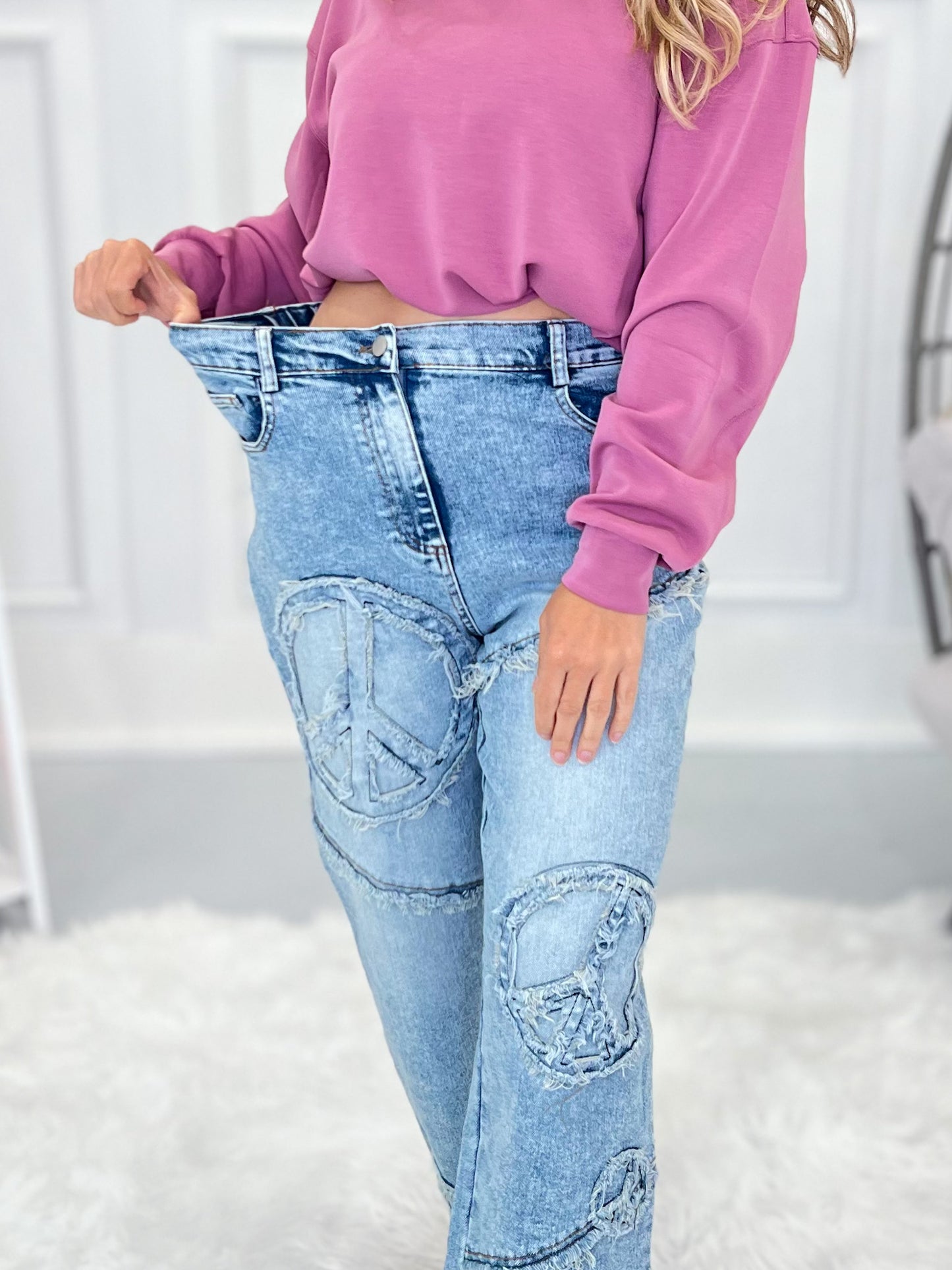 Good Vibes Only Embroidered Denim Pants