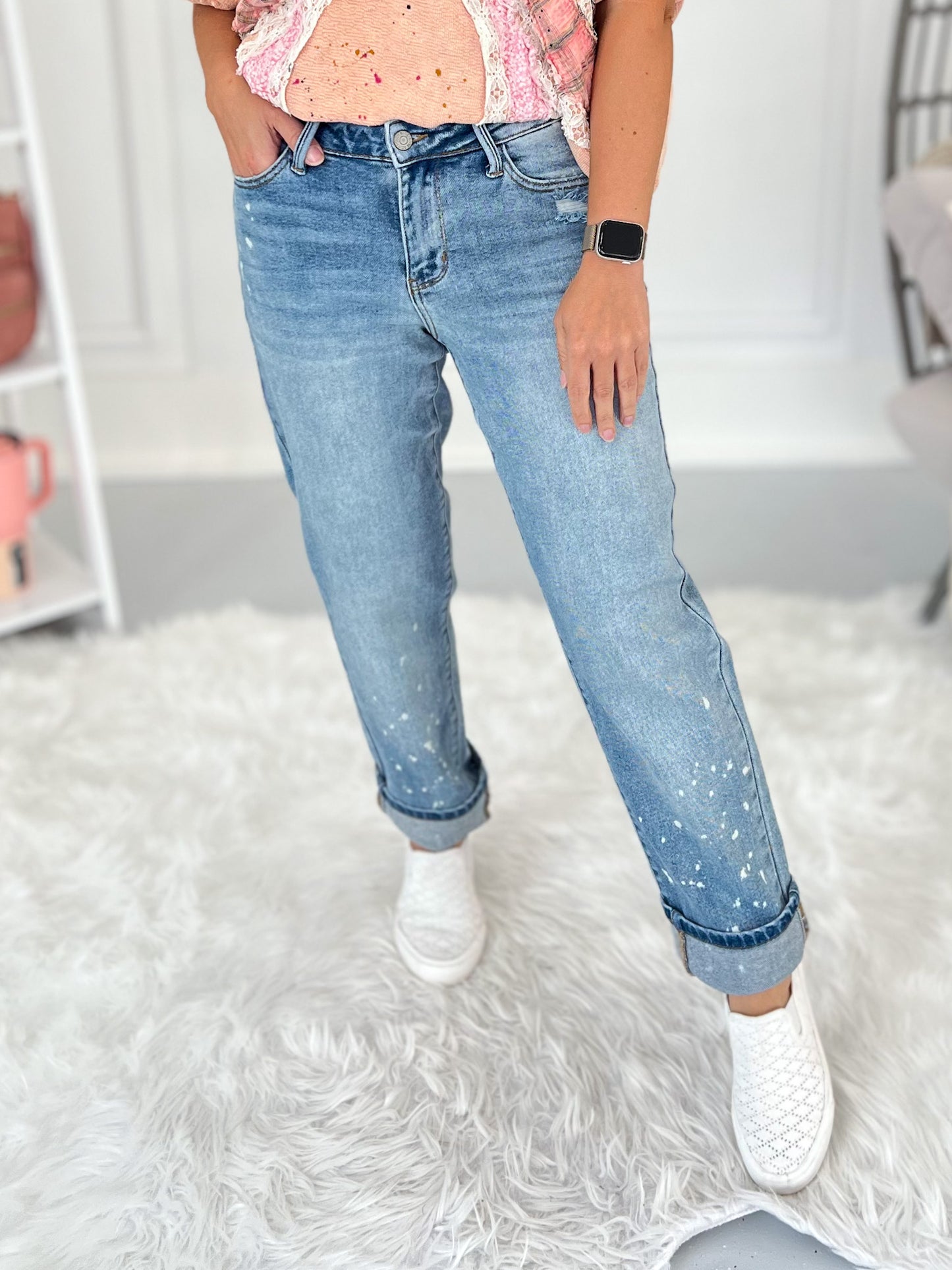 Dial It Back - Judy Blue Bleach Splatter Cuffed Boyfriend Jean