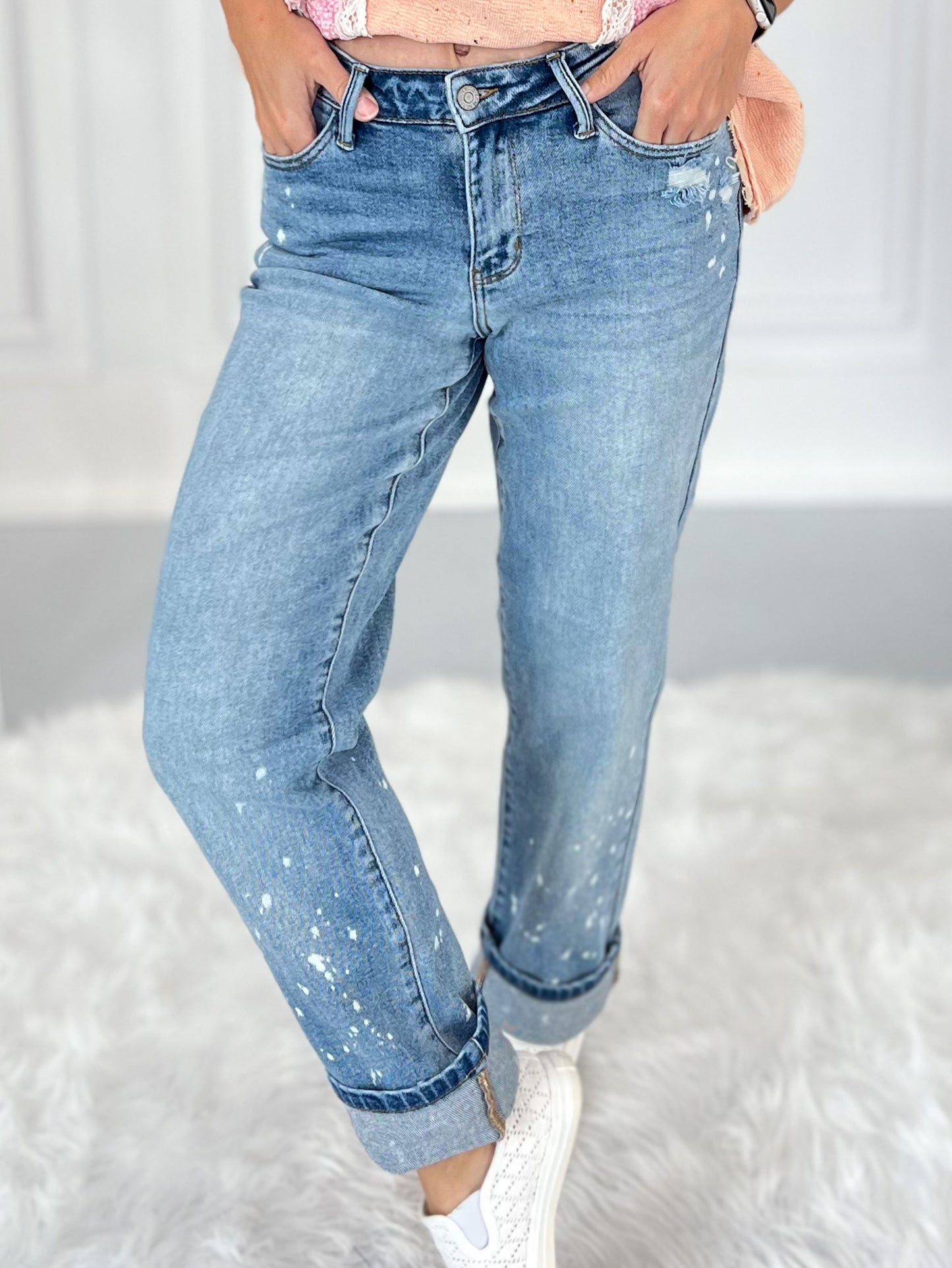 Dial It Back - Judy Blue Bleach Splatter Cuffed Boyfriend Jean