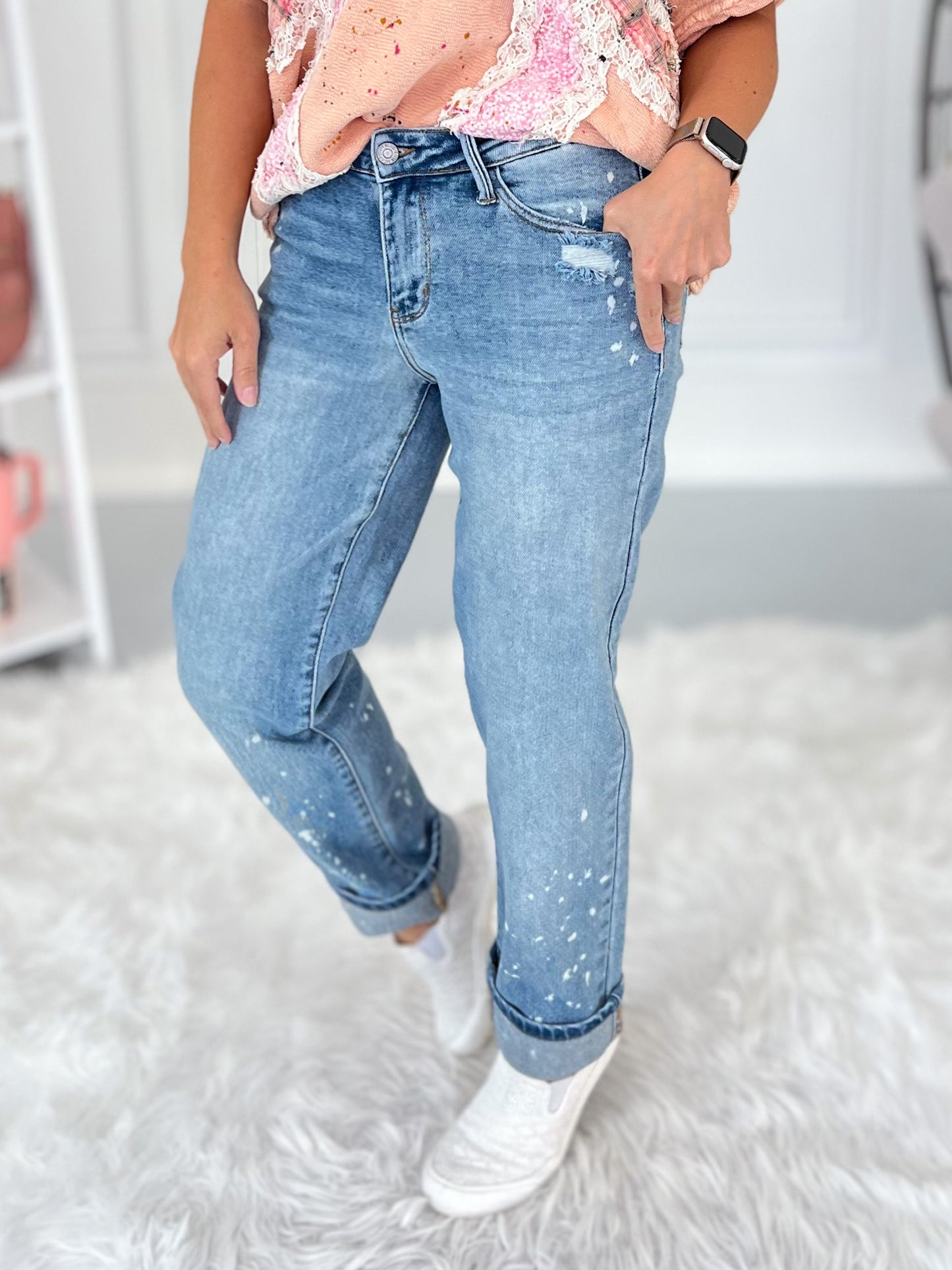 Dial It Back - Judy Blue Bleach Splatter Cuffed Boyfriend Jean
