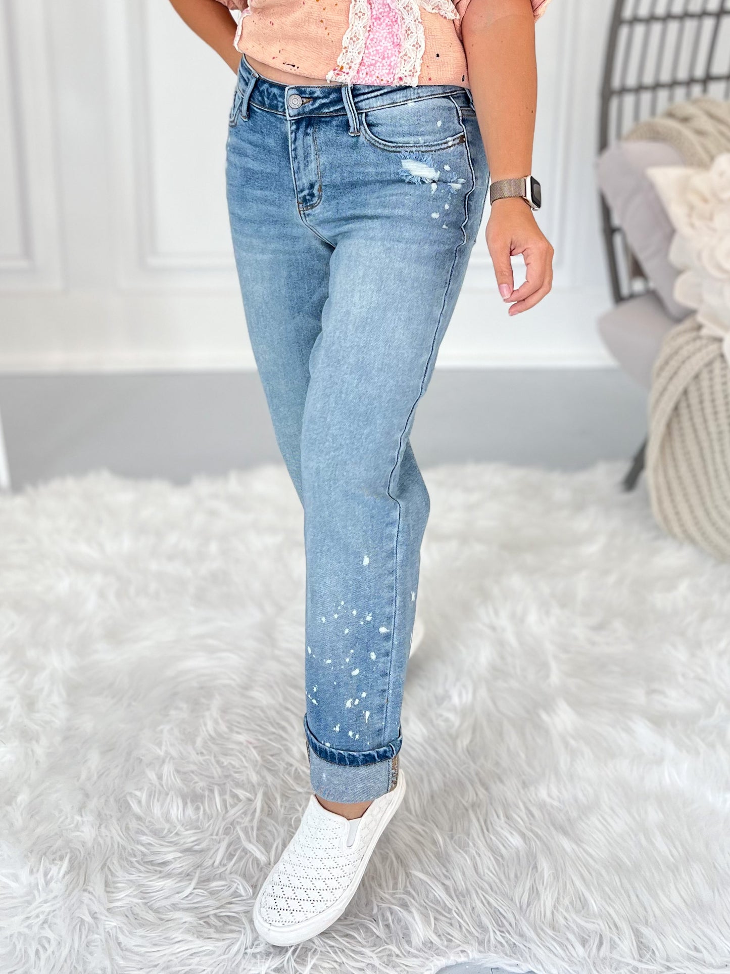 Dial It Back - Judy Blue Bleach Splatter Cuffed Boyfriend Jean