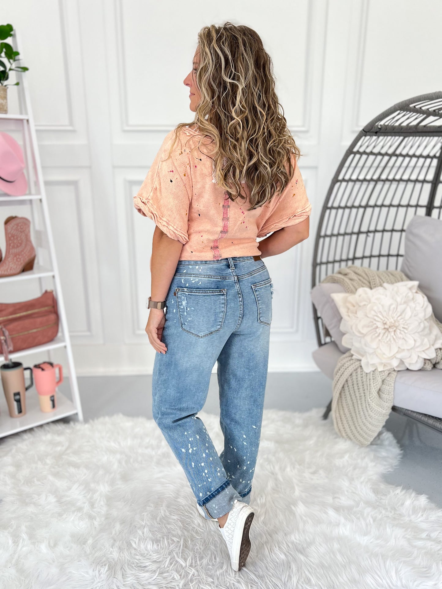 Dial It Back - Judy Blue Bleach Splatter Cuffed Boyfriend Jean