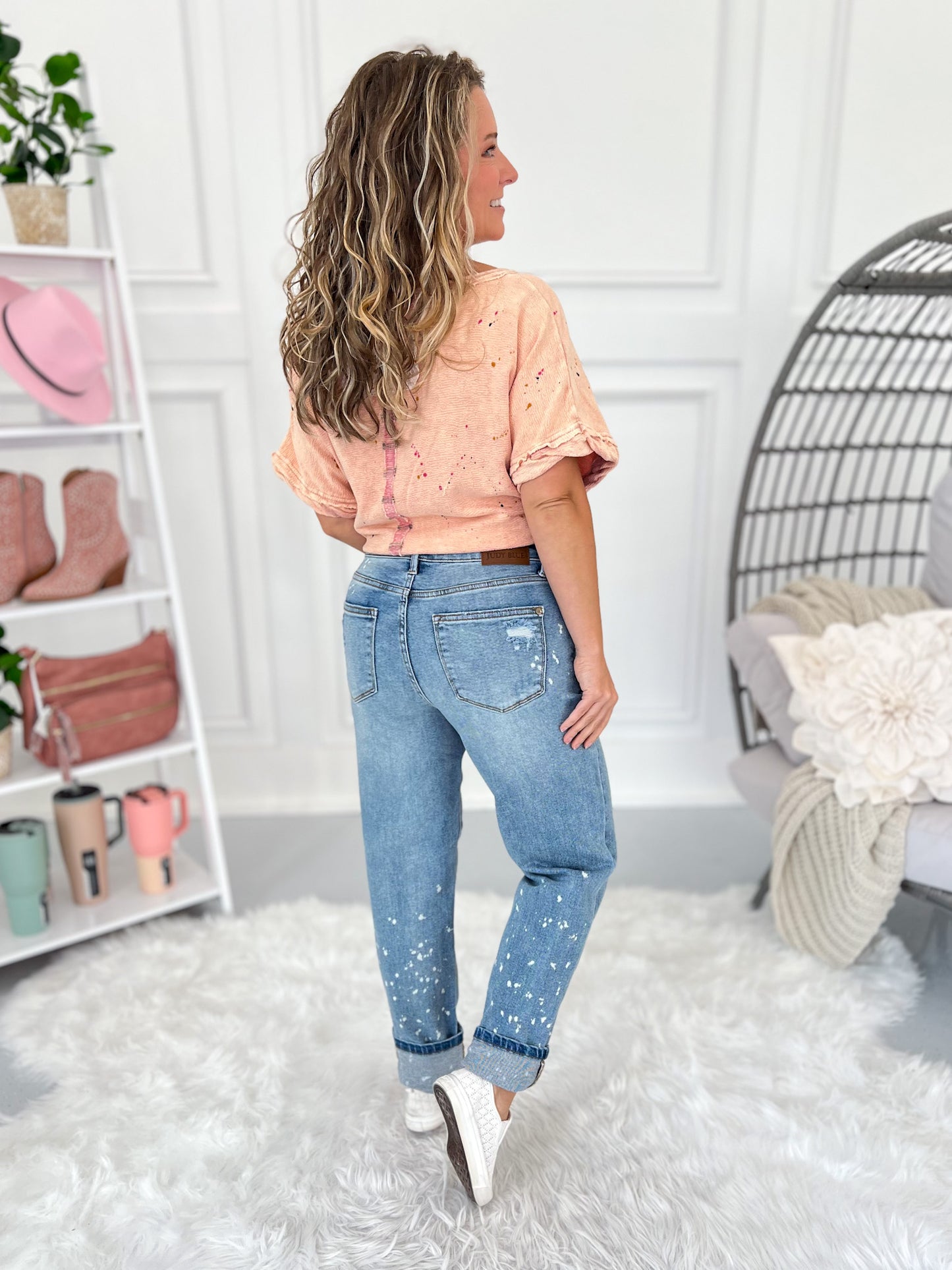 Dial It Back - Judy Blue Bleach Splatter Cuffed Boyfriend Jean