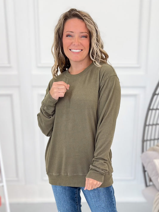 Corrine Ribbed Pullover Top - Olive