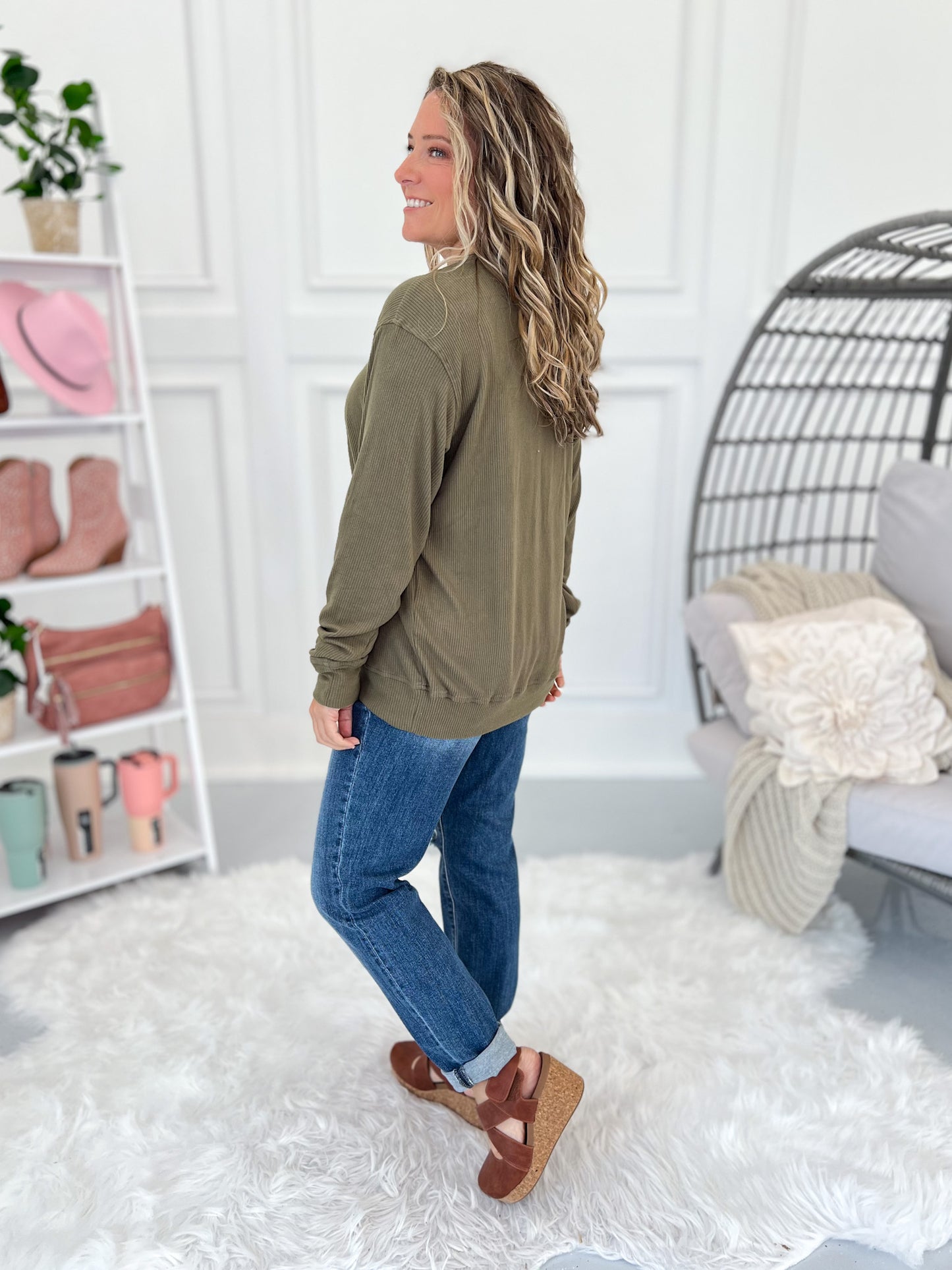 Corrine Ribbed Pullover Top - Olive