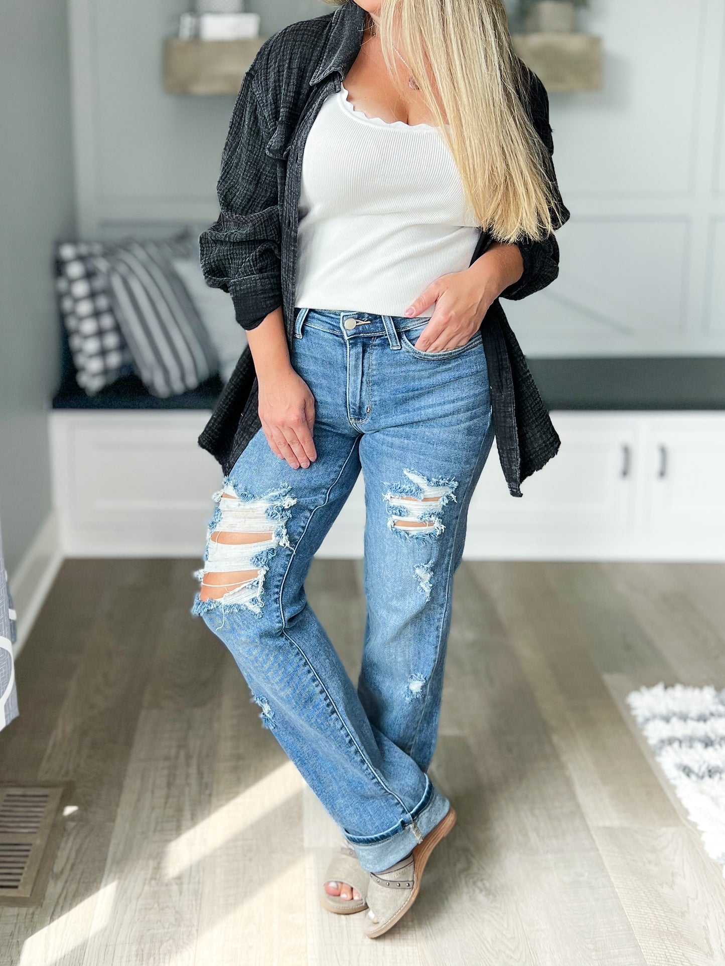 Laid Back Babe - Judy Blue Heavy Destroy Straight Jeans