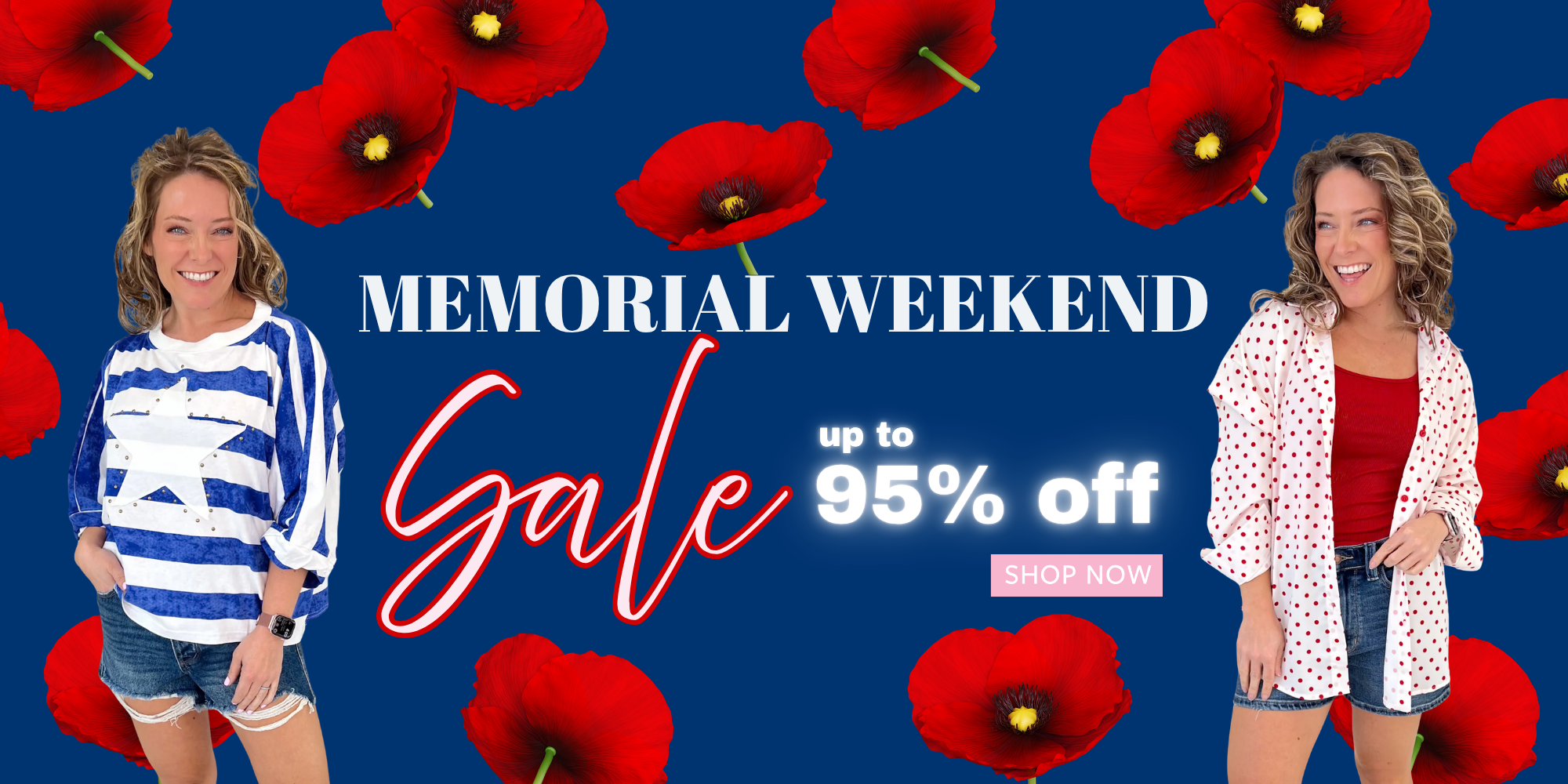Memorial Weekend Sale banner featuring boutique women’s clothing, Judy Blue denim, dresses, tops, shoes, and accessories with savings up to 95% off at Resort To Style.