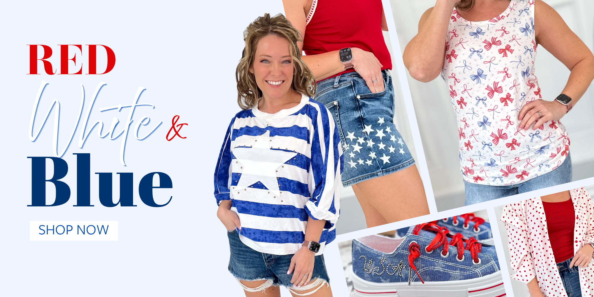 Women’s patriotic boutique clothing with trendy red, white and blue summer styles