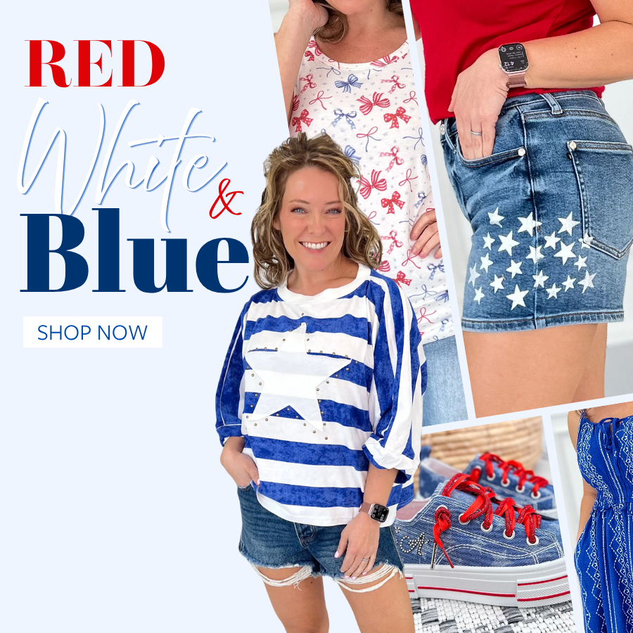 Women’s patriotic boutique clothing with trendy red, white and blue summer styles