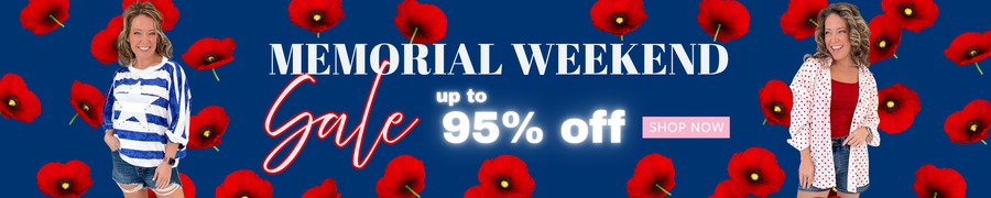 Memorial Weekend Sale banner featuring boutique women’s clothing, Judy Blue denim, dresses, tops, shoes, and accessories with savings up to 95% off at Resort To Style.