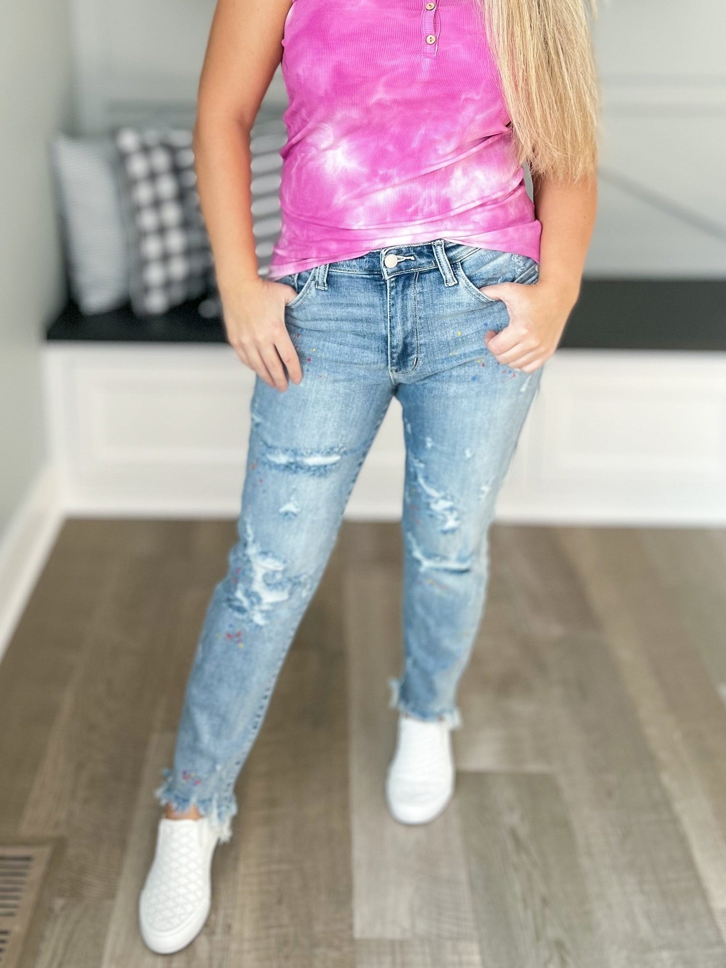 Work Of Art - Judy Blue Destroyed Paint Splatter Boyfriend Jeans