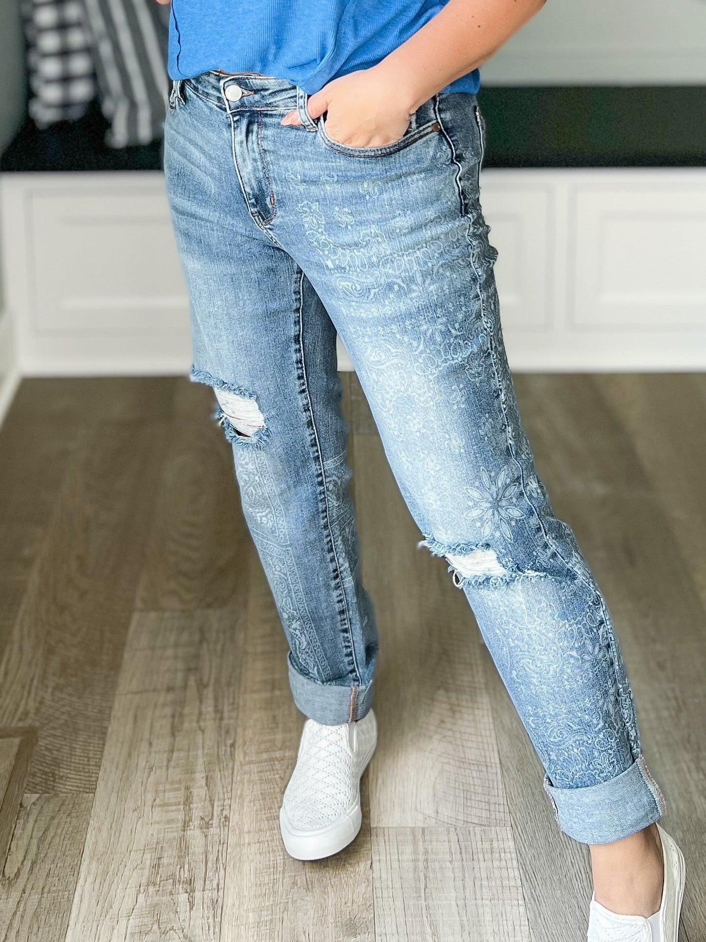 Judy Blue Destroyed Paisley Print Boyfriend Jean