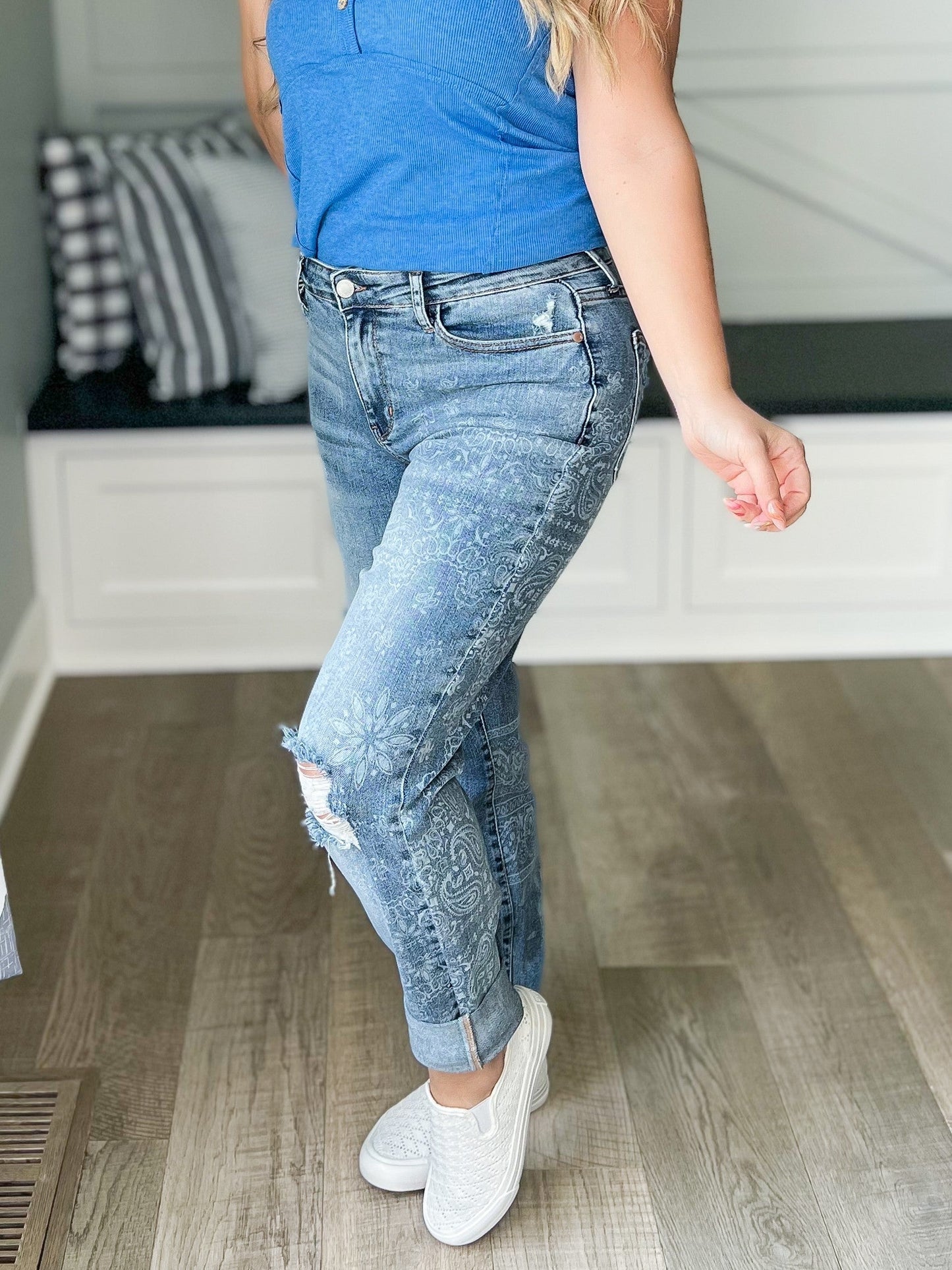 Judy Blue Destroyed Paisley Print Boyfriend Jean