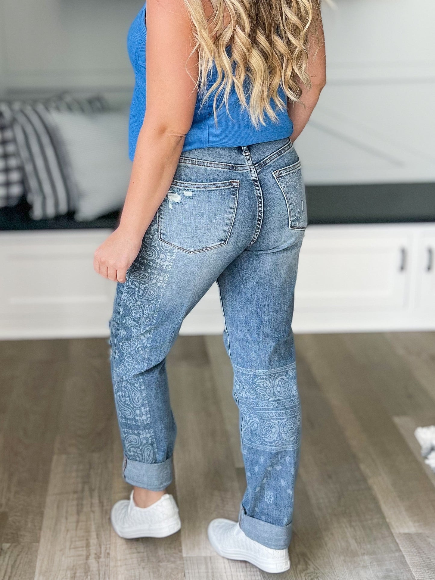 Judy Blue Destroyed Paisley Print Boyfriend Jean