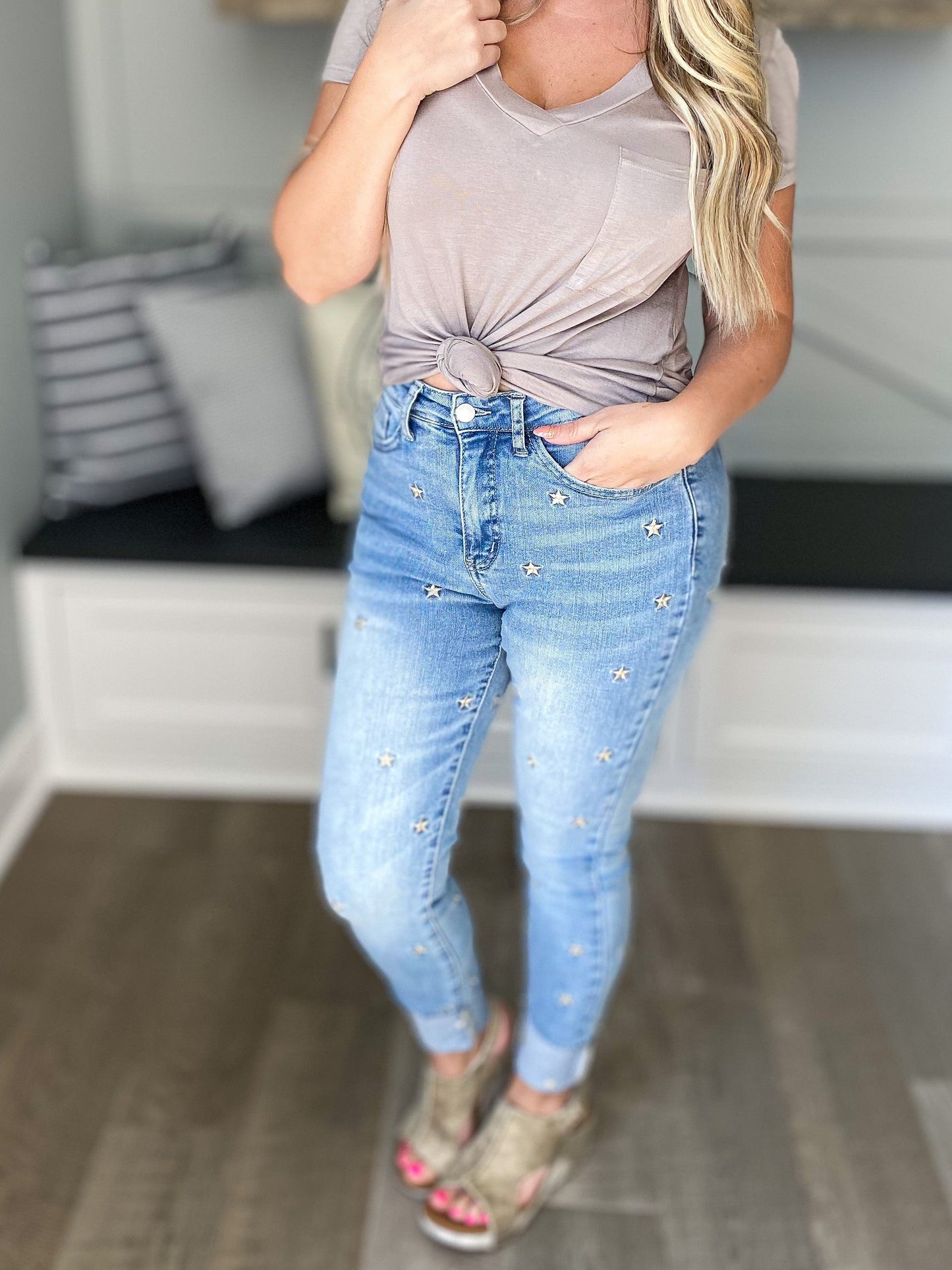 Reach For The Stars Judy Blue Star Embroidered Skinny Jeans