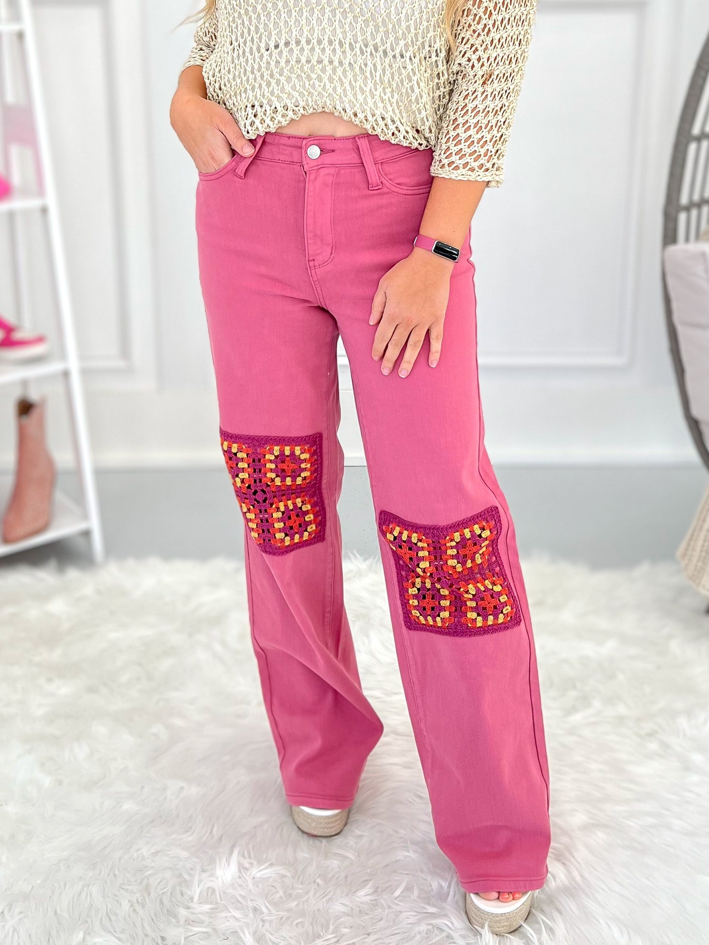 Judy Blue - Dusty Pink Dyed Crochet Patched Wide Jeans
