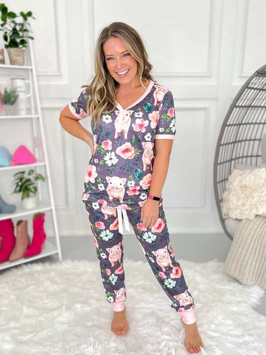 Short Sleeve Pajama Jogger Set - Cute Piggy's - Final Sale
