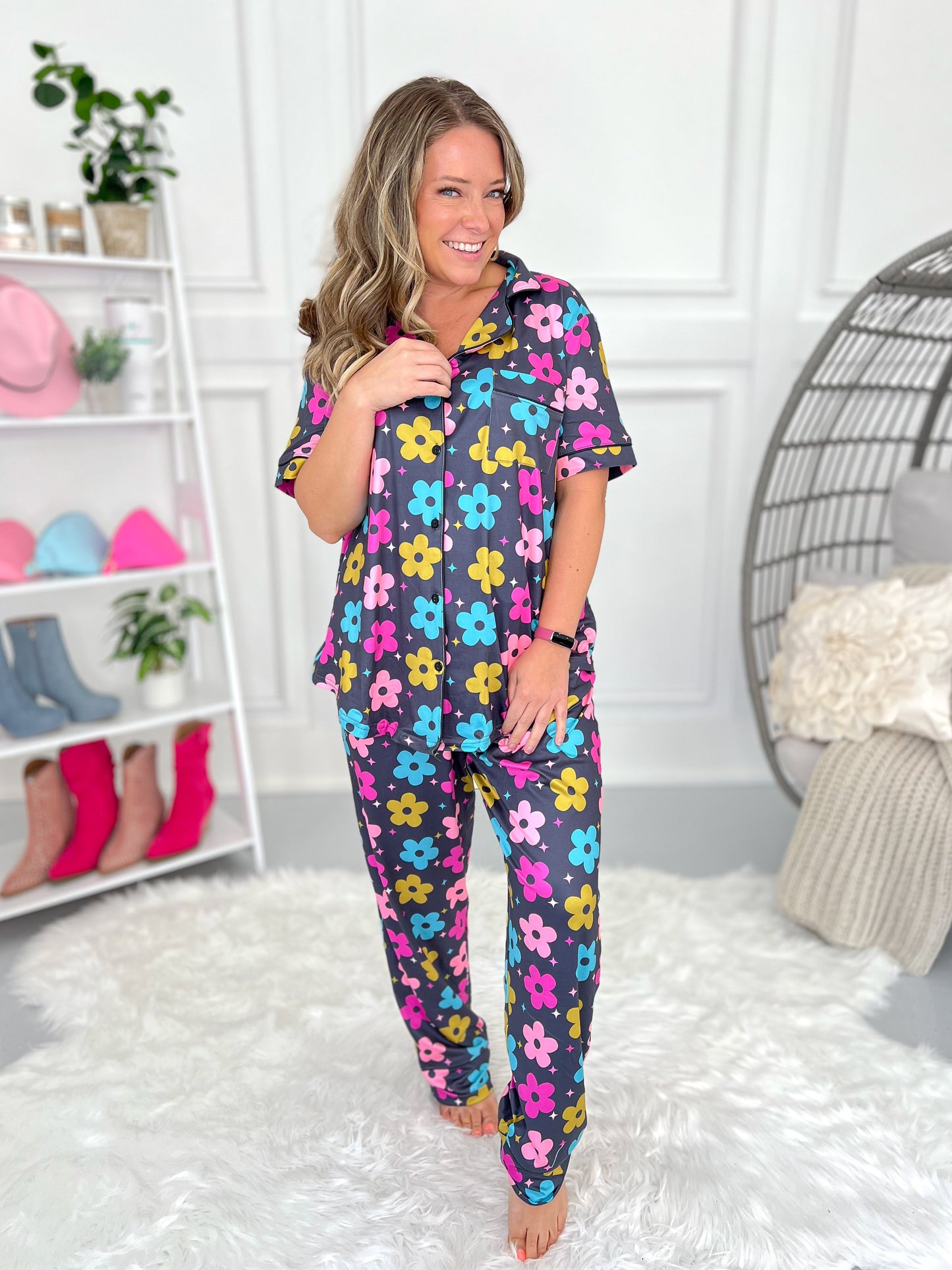 Matching Button Down Pajama Set - Bright Daisy