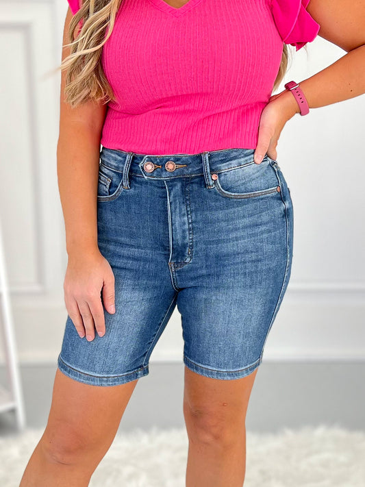 Double Duty - Judy Blue Tummy Control Double Button Bermuda Shorts- Final Sale