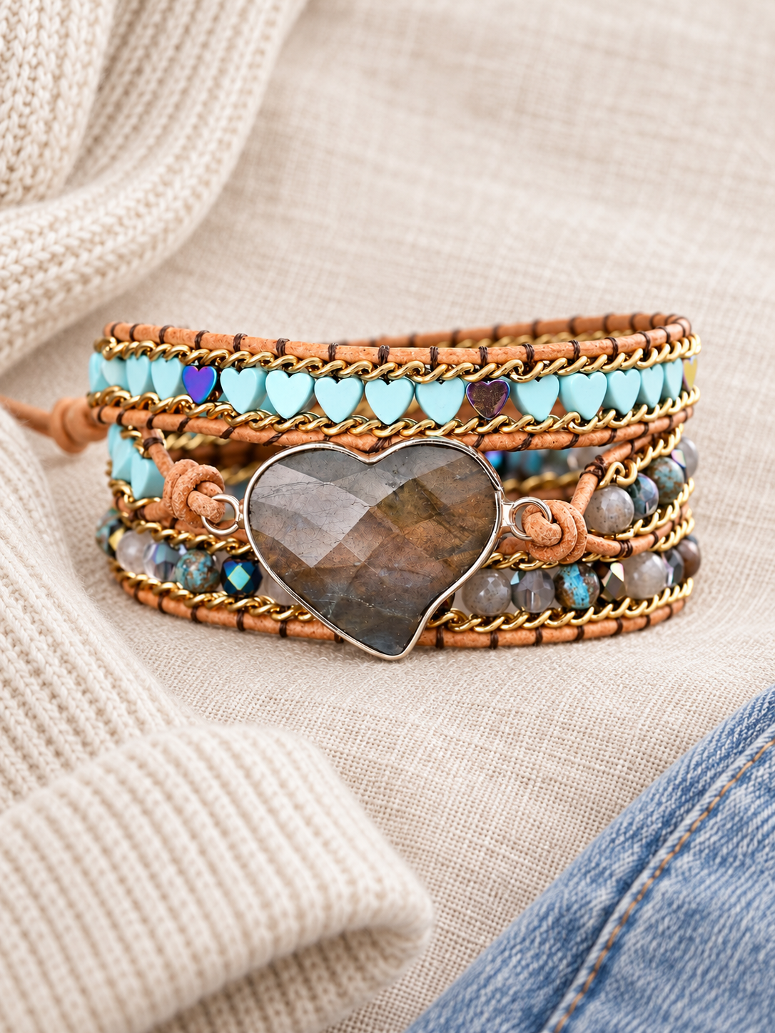 Labradorite Heart Beaded Wrap Bracelet