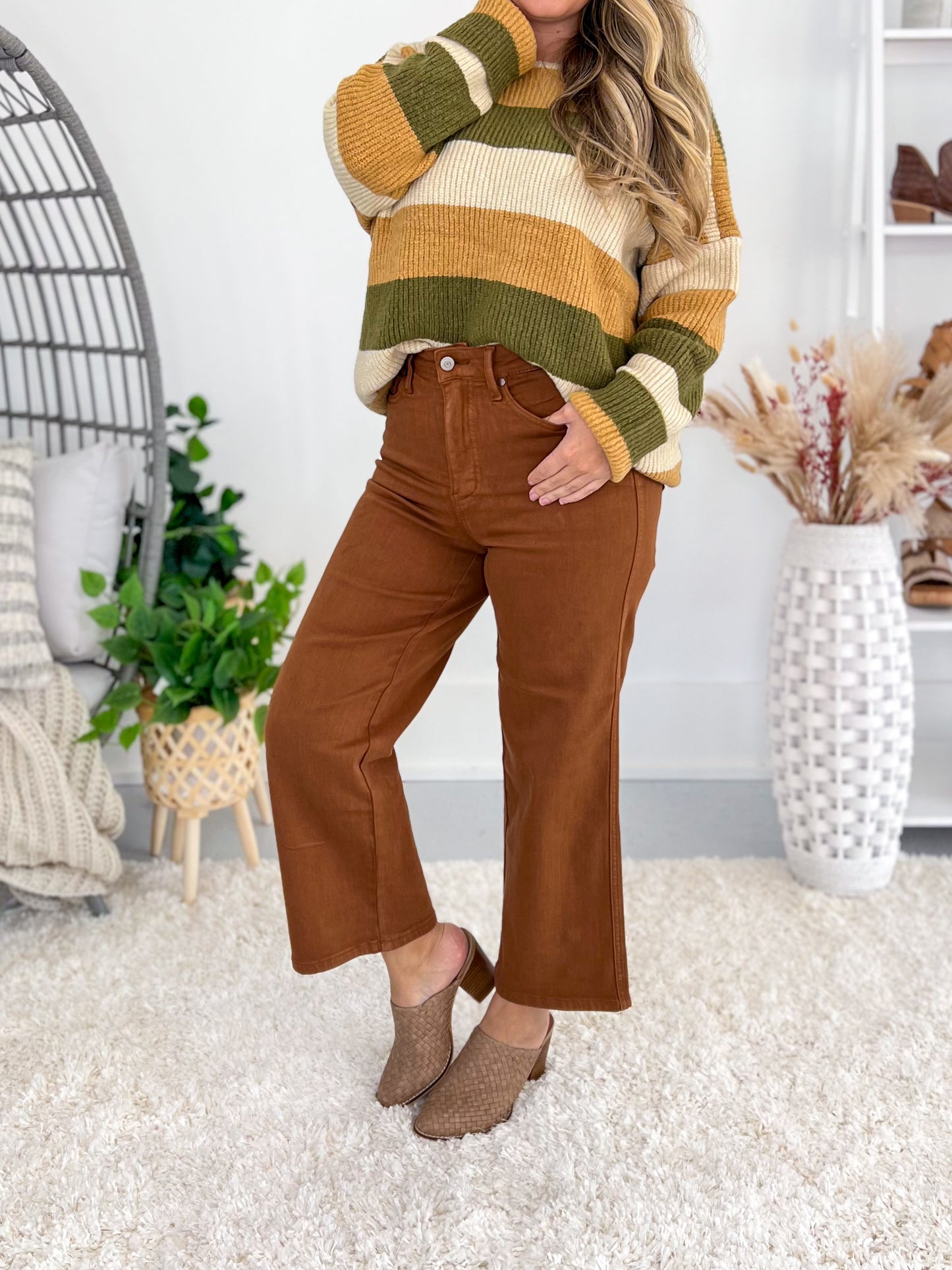 Get Back To Me - Judy Blue Tummy Control Camel Dyed Wide Crop Jeans