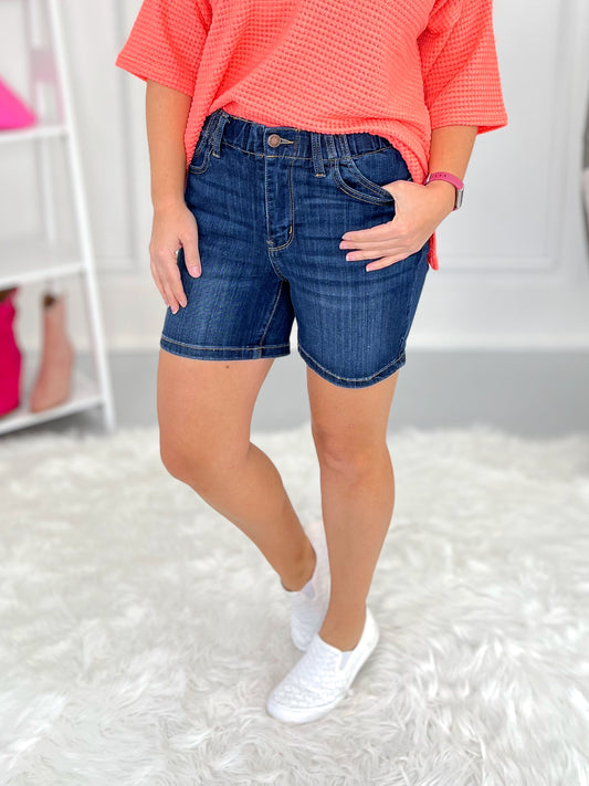 Summertime Glow - Judy Blue Elastic Waist Mid Length Shorts - Final Sale