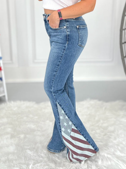 Should've Been A Cowboy - Judy Blue Americana Flag Print Flare Jeans - Final Sale