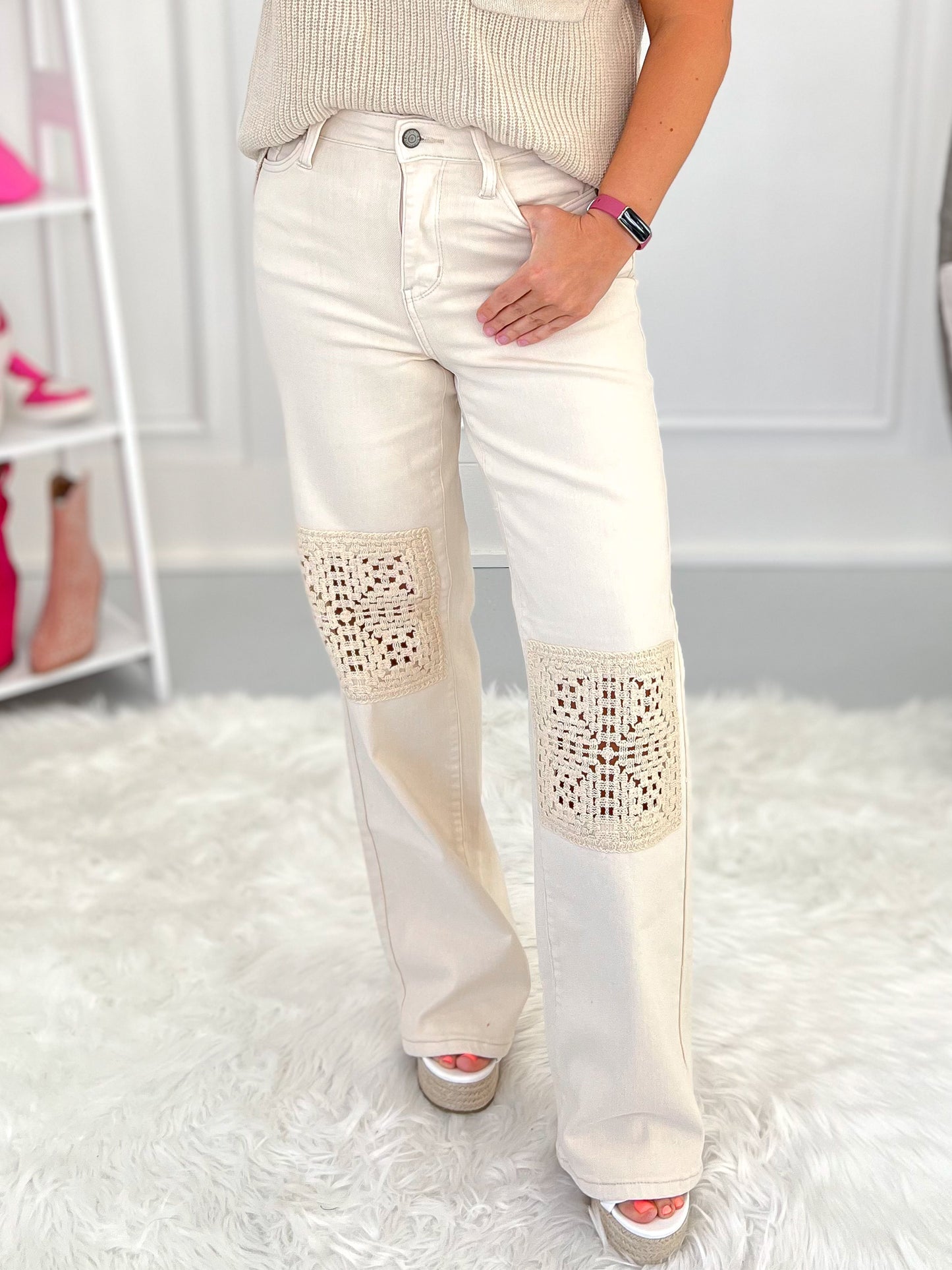 Judy Blue - Beige Dyed Crochet Patched Wide Jeans