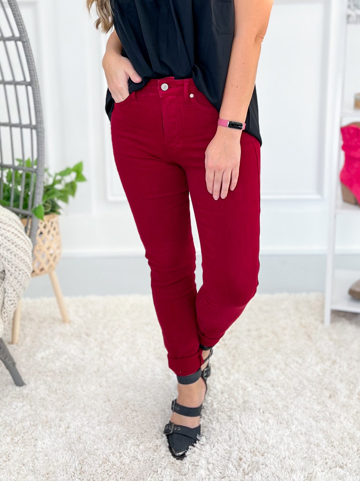 Judy Blue Tummy Control Garment Dyed Skinny Jeans - Scarlet