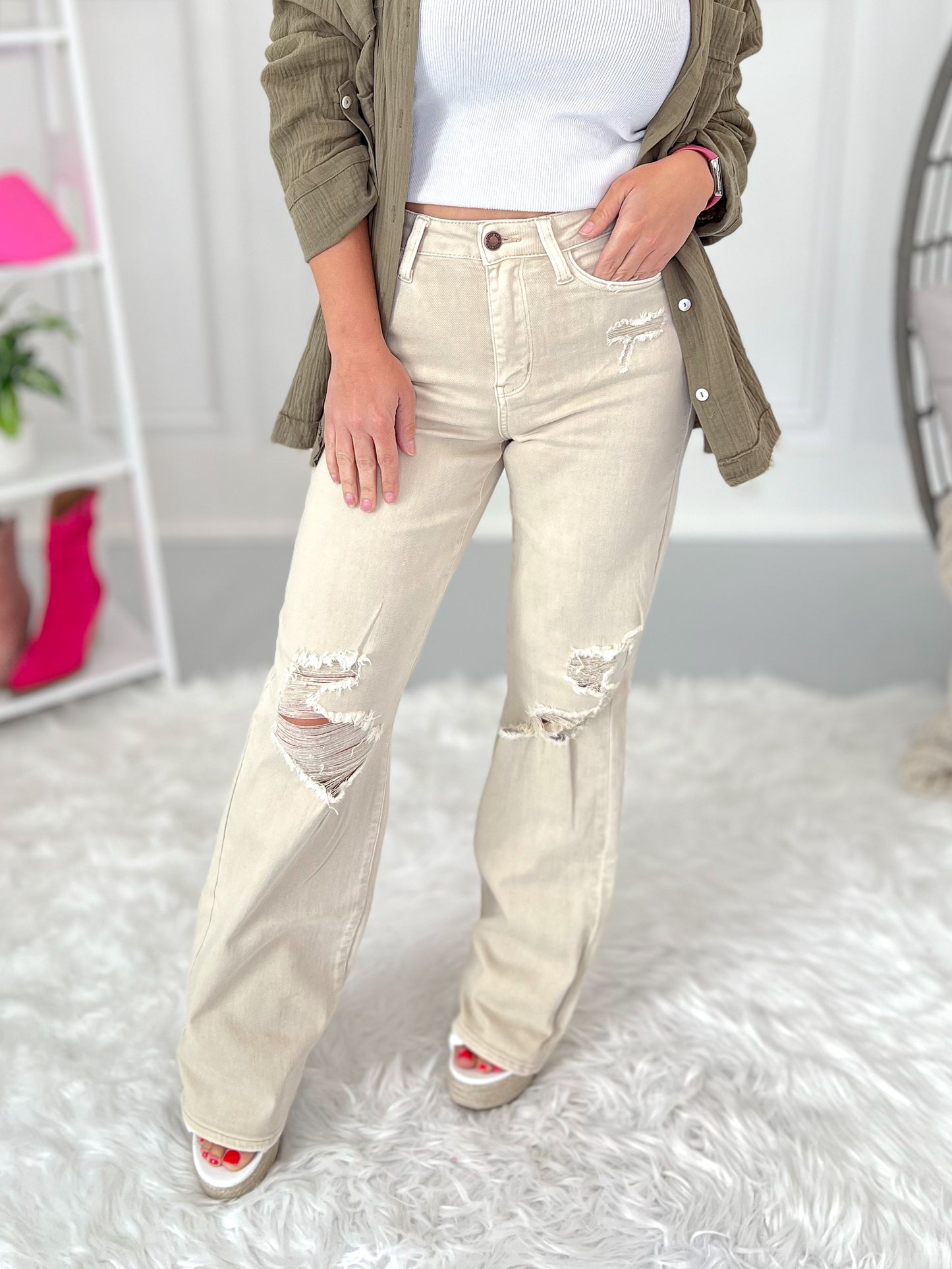 Judy Blue - Bone Dyed Destroyed 90's Straight Jeans - Final Sale