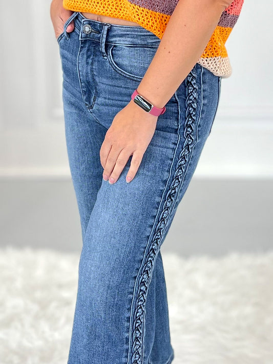 Boho Blues - Judy Blue Braided Sideseam Cropped Wide Leg Jeans- Final Sale