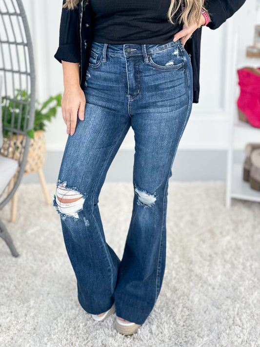 Full Of Flare - Judy Blue Tummy Control Knee Destroy Raw Hem Flare Jeans- Final Sale