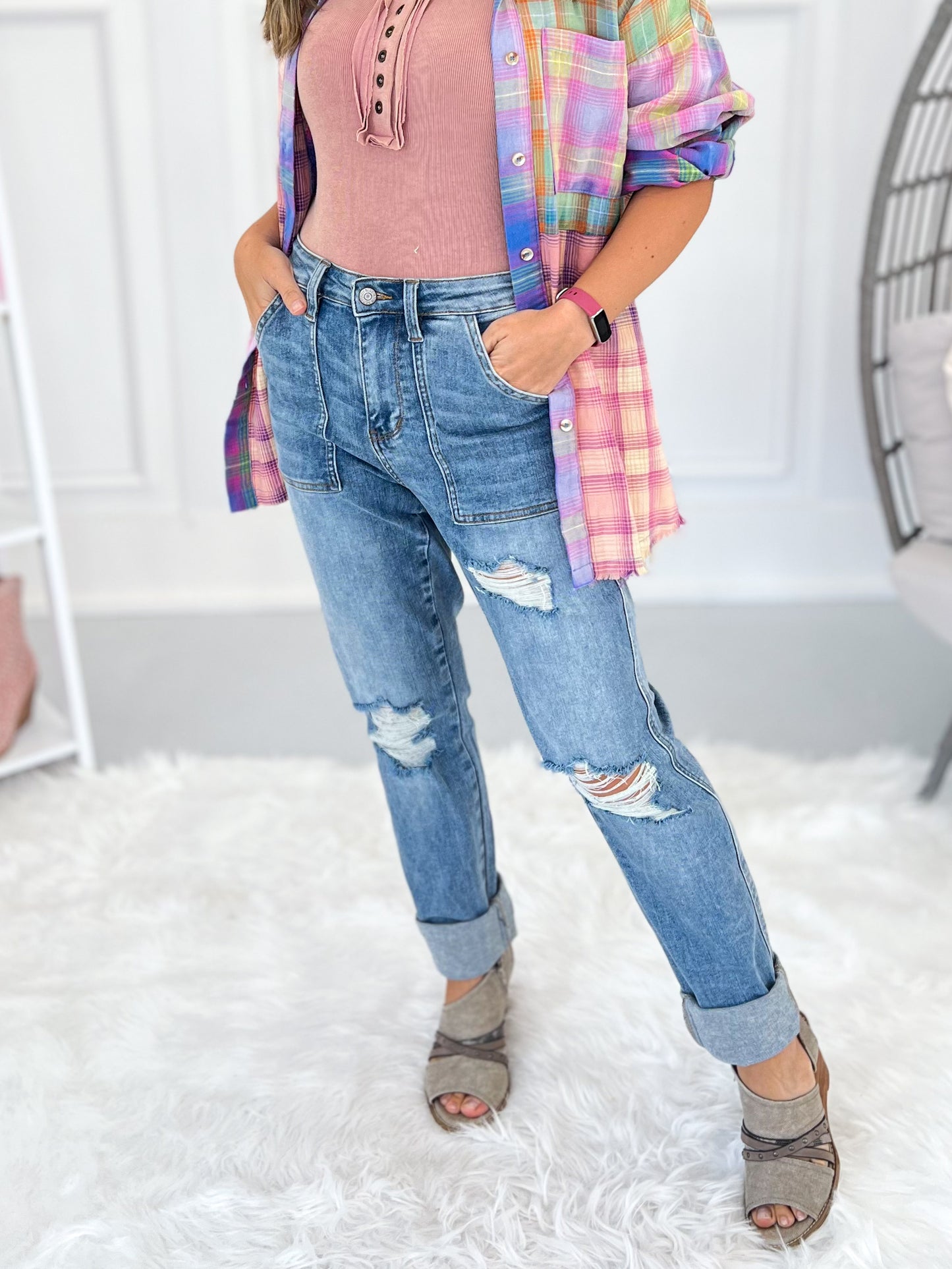 Just Wanna Have Fun - Judy Blue Distressed Boyfriend Jeans