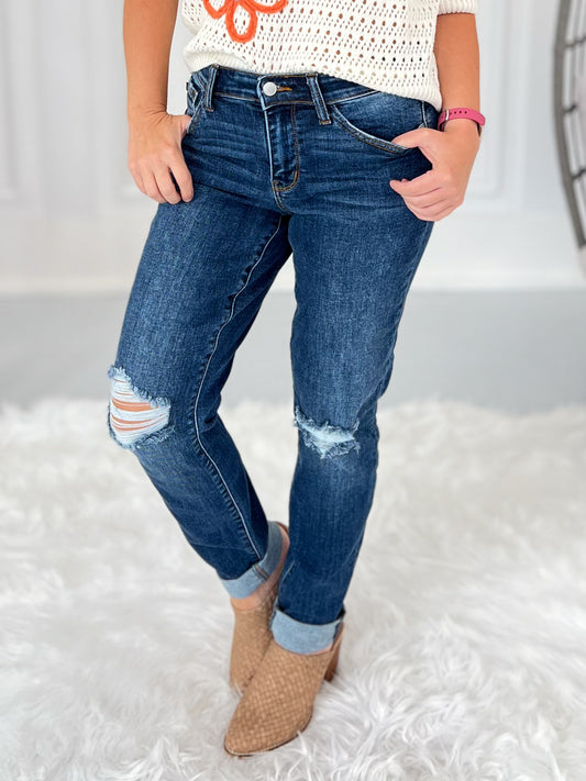 It's A Date - Judy Blue Mild Distressed Slim Jeans- Final Sale