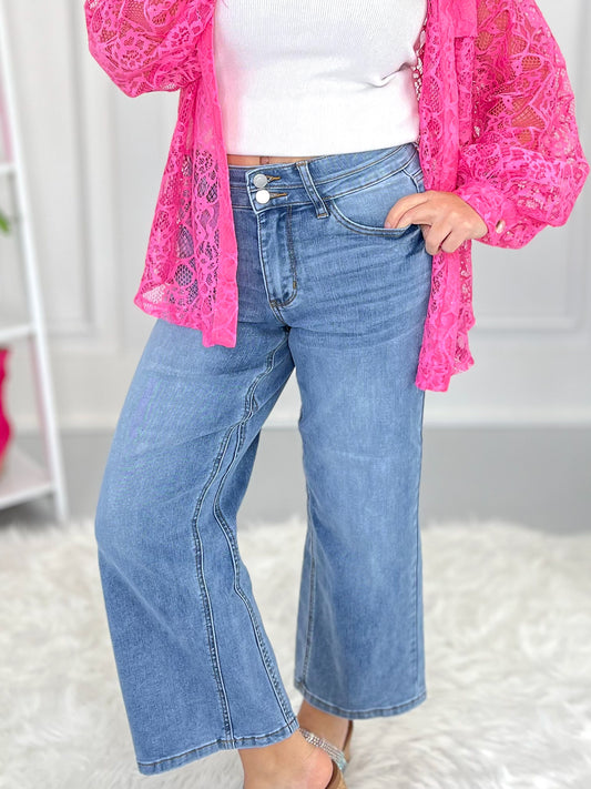 Two Cool - Judy Blue Double Button Wide Leg Crop Jeans- Final Sale