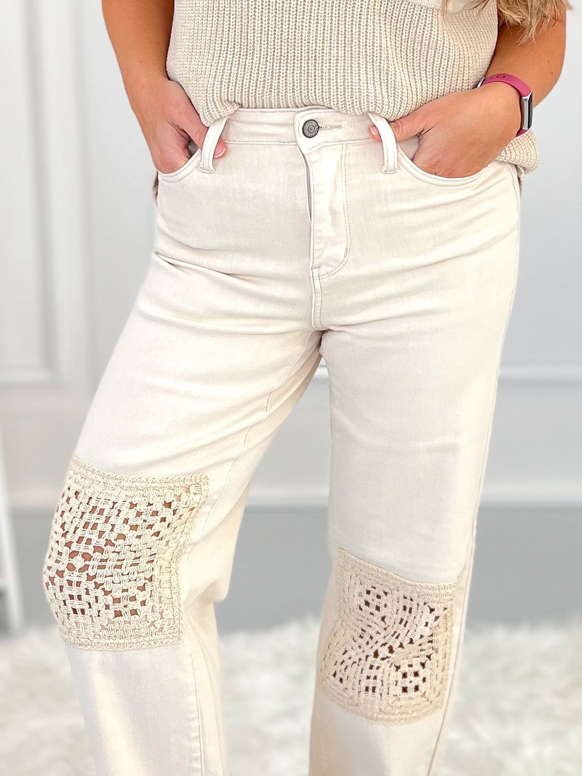Judy Blue - Beige Dyed Crochet Patched Wide Jeans
