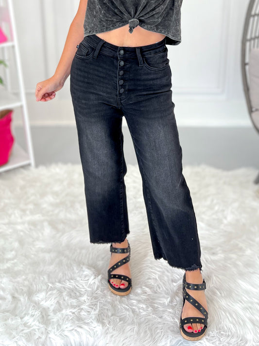 Ready To Rock - Judy Blue Button Fly Cropped Wide jeans- Final Sale